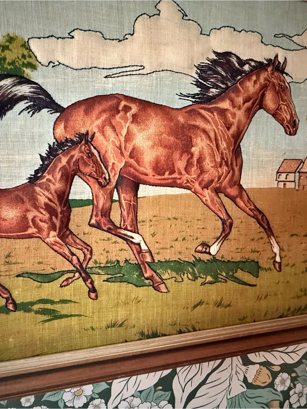 Vintage Framed Mare and Foal Embroidered Art - Brown